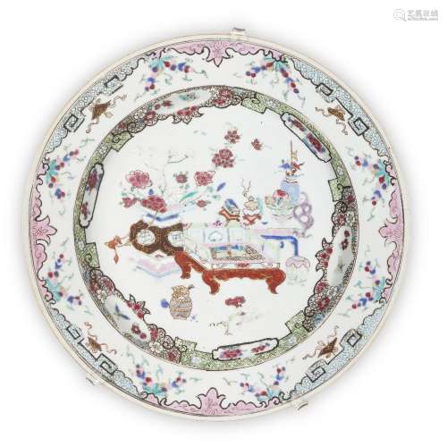 A Chinese export famille rose plate, 18th century, painted w...