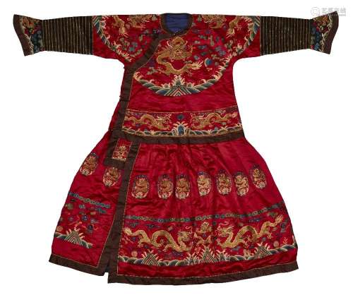 A deep red ground silk and gold thread-embroidered opera rob...