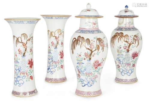 A garniture of four Chinese famille rose vases, Qianlong per...