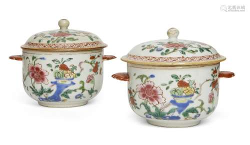 A pair of Chinese famille rose twin-handled circular bowls a...