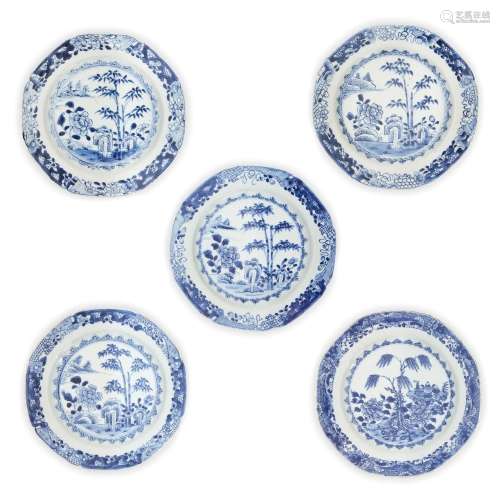 Five Chinese export blue and white plates, 18th century, fou...