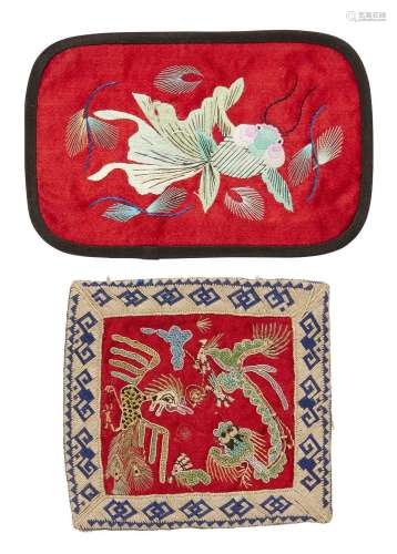 A group of three small Chinese silk-embroidered panels, 19th...