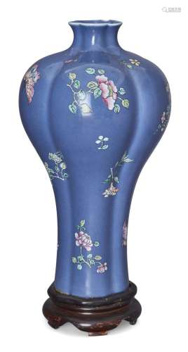 A Chinese blue ground famille rose 'floral' baluster vase, Q...