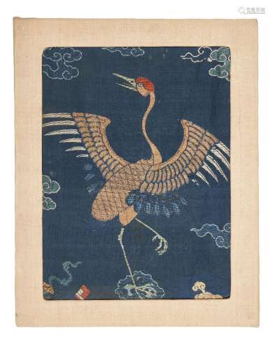 A Chinese blue ground 'crane' brocade panel, 17th/18th centu...