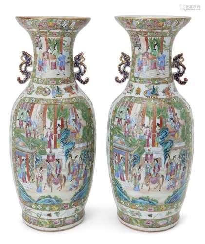 A pair of large Chinese Canton famille rose baluster vases, ...