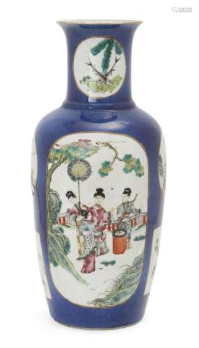 A Chinese powder blue ground famille rose rouleau vase, 18th...