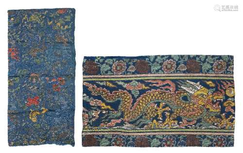 Two Chinese blue-ground brocade panels, 17th and 18th centur...