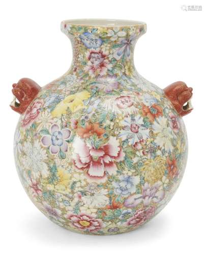 A Chinese famille rose 'hundred flowers' twin handled vase, ...