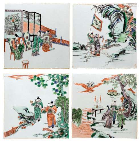 A set of four Chinese famille verte 'narrative scenes' squar...