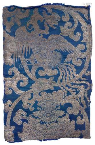 Two Chinese silk blue ground brocade fragments, 17th and 18t...