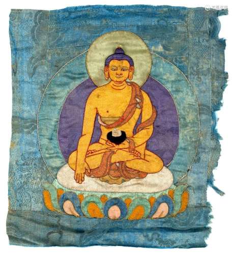 A Chinese silk appliqué of a Buddha, dui ling, 18th century,...