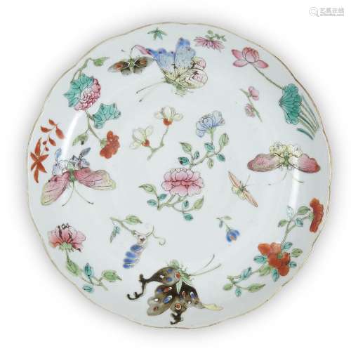 A Chinese famille rose dish, 19th century, painted with butt...