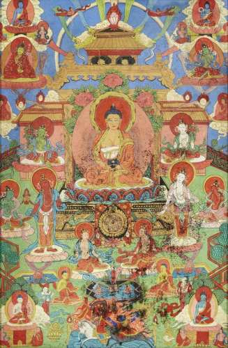 A Tibetan thangka on canvas of Shakyamuni Buddha, 19th centu...