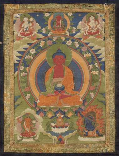 A Tibetan Thangka of Amitabha, 19th century, painted with Am...