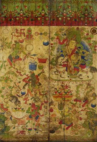A pair of large Tibetan painted door panels, 18th century, p...