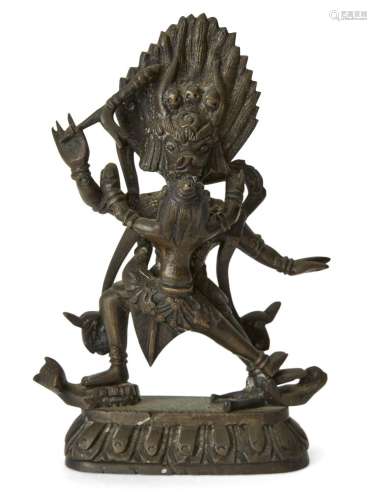 A Tibetan bronze sculpture of wrathful Vajrabhairava with Va...