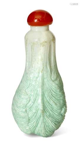A Chinese porcelain moulded 'cabbage' snuff bottle, Qing Dyn...