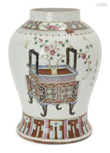 A large Chinese famille rose 'hundred treasures' jar, 19th c...