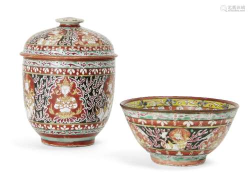 A Chinese porcelain Thai market Bencharong covered jar and a...
