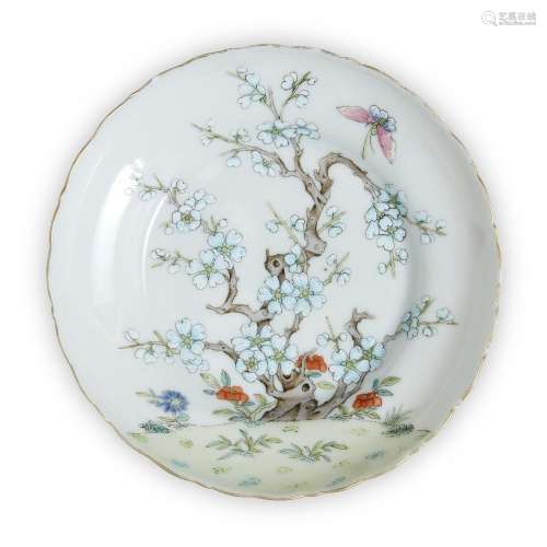 A Chinese famille rose 'butterfly and prunus' dish, late Qin...