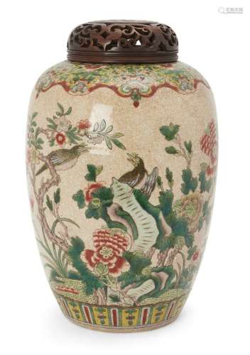 A large Chinese famille verte on crackle ground ovoid jar, 1...