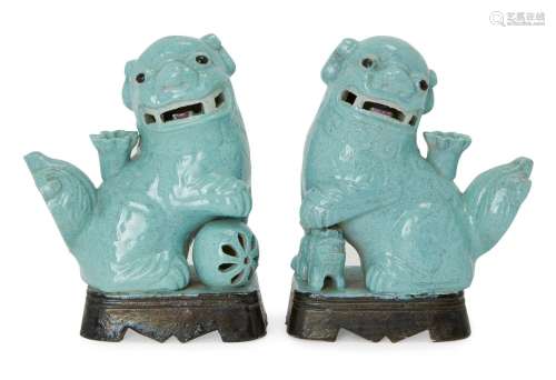 A pair of Chinese robin's egg-glazed Buddhist lion joss-stic...