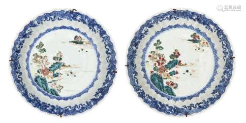 A pair of Chinese enamelled blue and white dishes, 18th cent...
