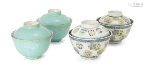 Two pairs of Chinese 'floral medallions' tea bowls and cover...