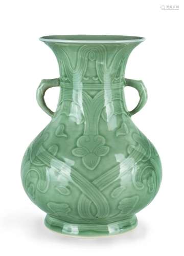 A Chinese celadon-glazed twin-handled vase, late 19th/early ...