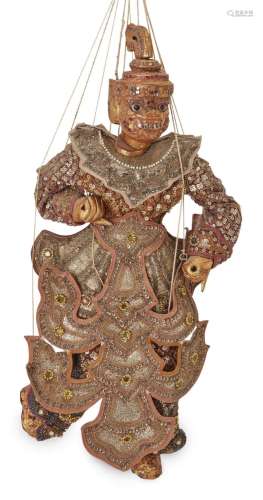 A giltwood, glass and sequin-adorned Burmese marionette, ear...