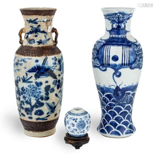 Two Chinese blue and white vases and a small jar, 19th centu...
