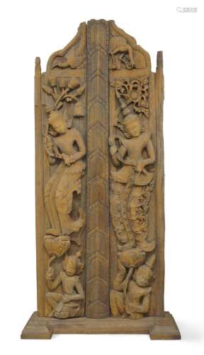 A Burmese teak wood temple door, 18th / 19th century, the pa...