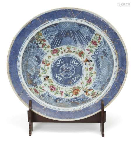 A large Chinese gilt and enameled blue and white basin, earl...