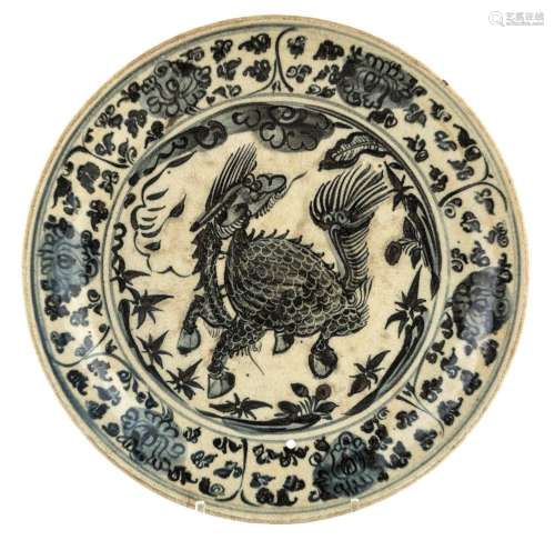 An Annamese blue and white 'Qilin' dish, 17th century, paint...