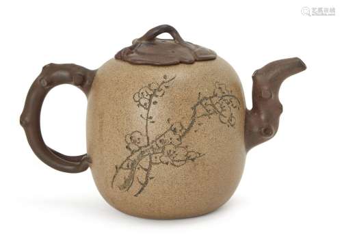 A Chinese Yixing stoneware two-colour 'prunus' teapot and co...