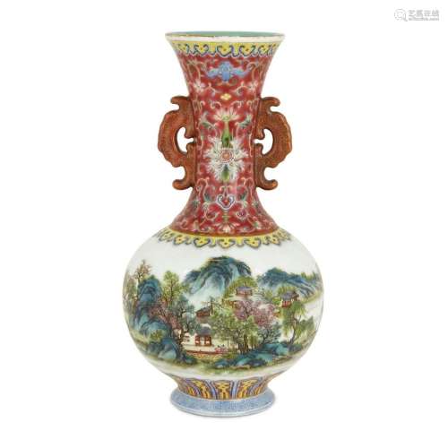 A Chinese twin handled famille rose 'landscape' vase, Republ...