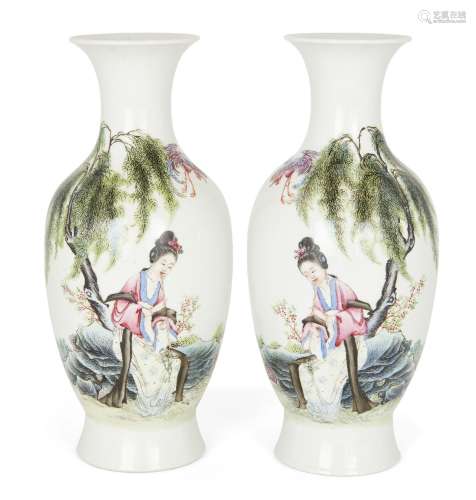 A pair of Chinese famille rose 'ladies' vases, 20th century,...