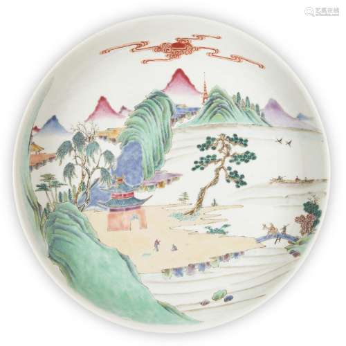 A Chinese famille rose dish, Republic period, painted with f...
