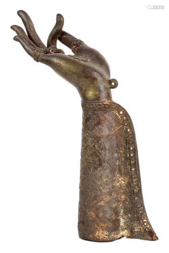 A Thai bronze forearm and hand, 18th/19th century, the arm c...
