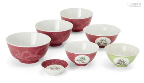 Six Chinese ruby ground bowls and a saucer and a lime green ...