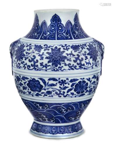 A Chinese blue and white twin handled vase, Qianlong mark an...