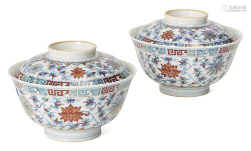 A pair of Chinese doucai 'floral' bowls and covers, Republic...
