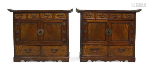 A pair of Korean metal elm wood side cabinets, 19th century,...