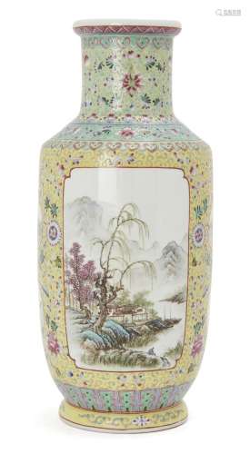A Chinese famille rose landscape rouleau vase, Republic peri...