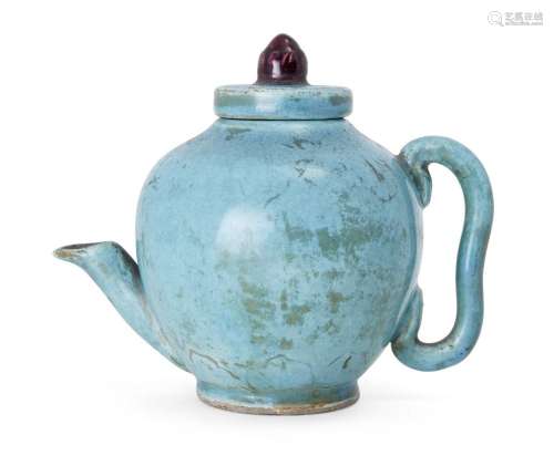 A Japanese monochrome turquoise teapot, early 20th century, ...