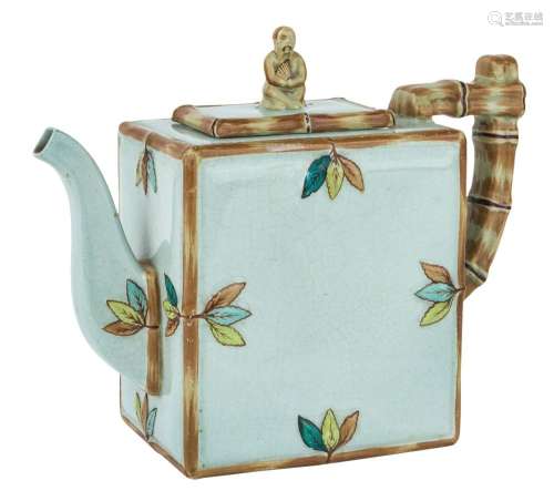 A Japanese celadon-glazed teapot, 20th century, of rectangul...