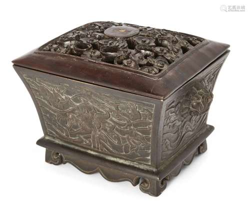 A Chinese rectangular bronze 'mythical beast' incense burner...