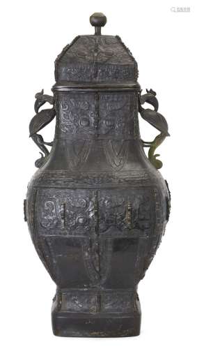 A massive Chinese bronze archaistic vase and cover, fanghu, ...