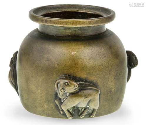 A Chinese bronze 'three rams' water pot, 18th century, of gl...