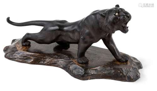 A Japanese bronze tiger, Meiji period, the roaring beast dep...